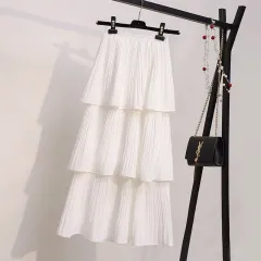 Cake Women's Spring And Summer Chiffon White Student Pleated Midi Skirt - White - View 1