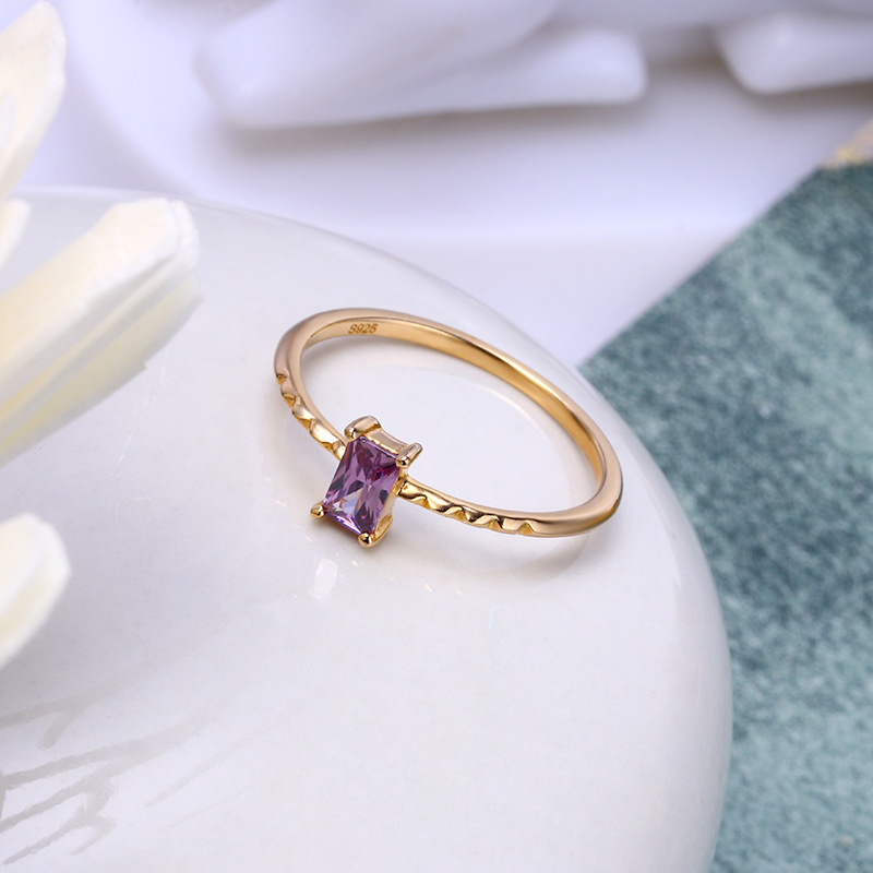 Japanese And Korean Version Of Light Jewelry Retro Rectangular Light Purple Zircon Ring Women