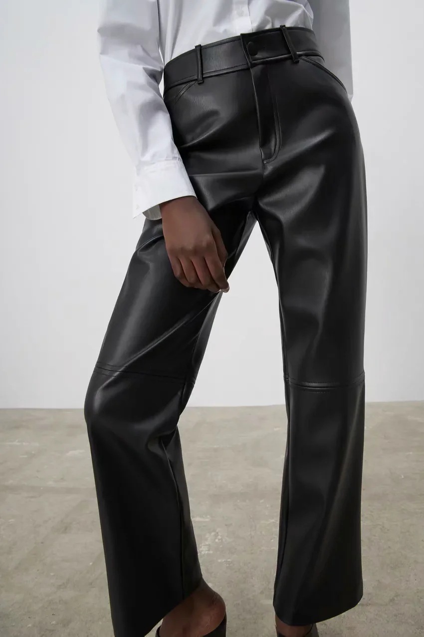 European And American Style Solid Color Loose High Waist Slim Leather Pants