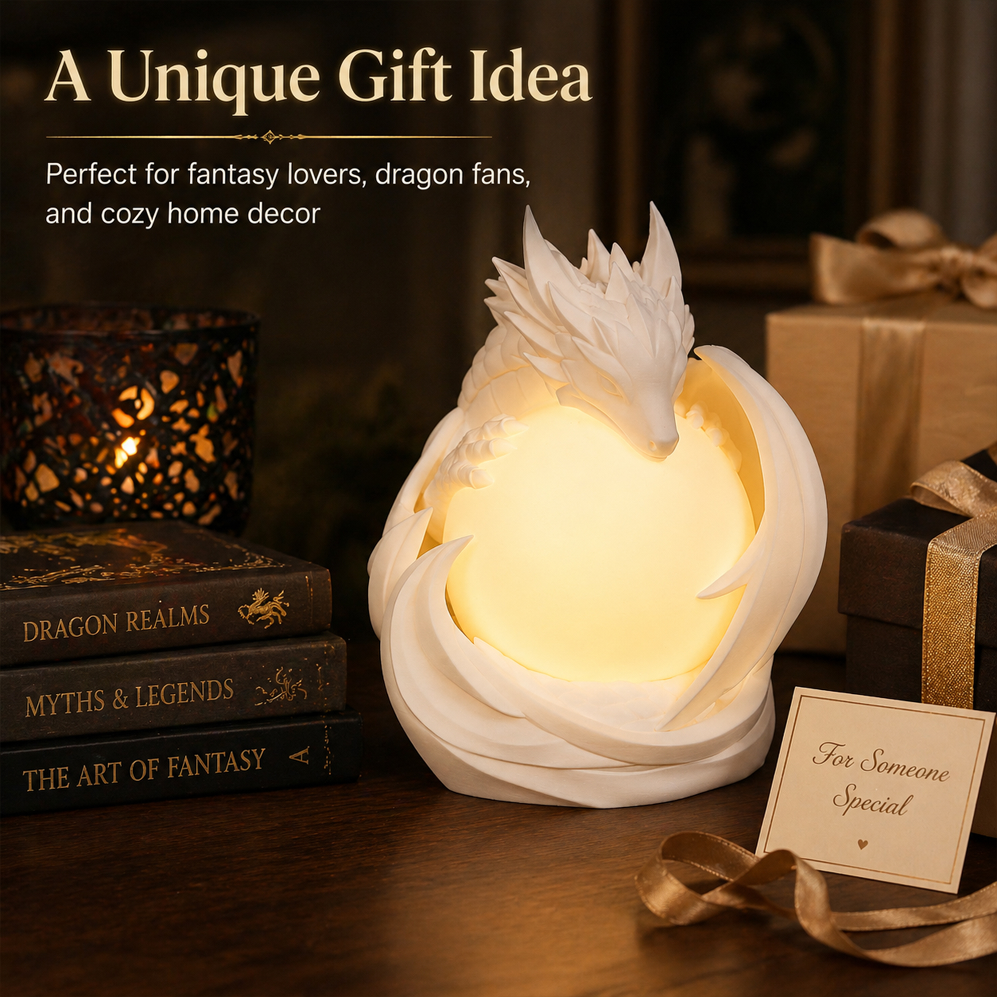 3D Printed Dragon Ambient Table Lamp, Warm Glow Decorative Night Light, Sculptural Desk Lamp For Bedroom, Bookshelf And Home Decor