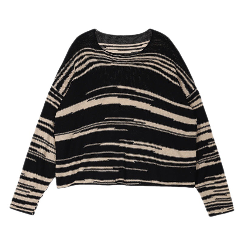 Slouchy Knit Shirt Thin Women Loose Striped Applique L - Shop at LoveMi