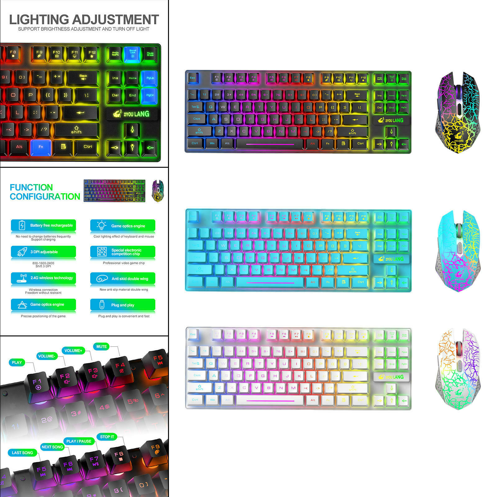 T87 Wireless Gaming Keyboard And Mouse Rainbow Backlit For PC Mac PS4 Xbox One