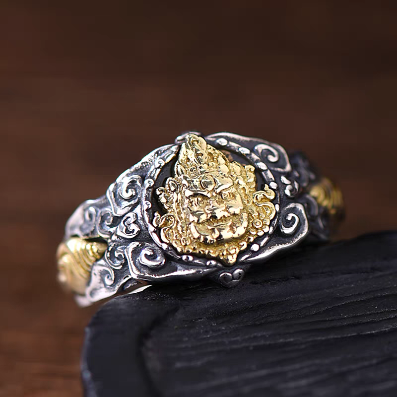 1pc 999 Sterling Silver Two-tone Wealth God Open Ring, Retro Ethnic Style, Perfect For Daily Wear & Valentine's Day Gift