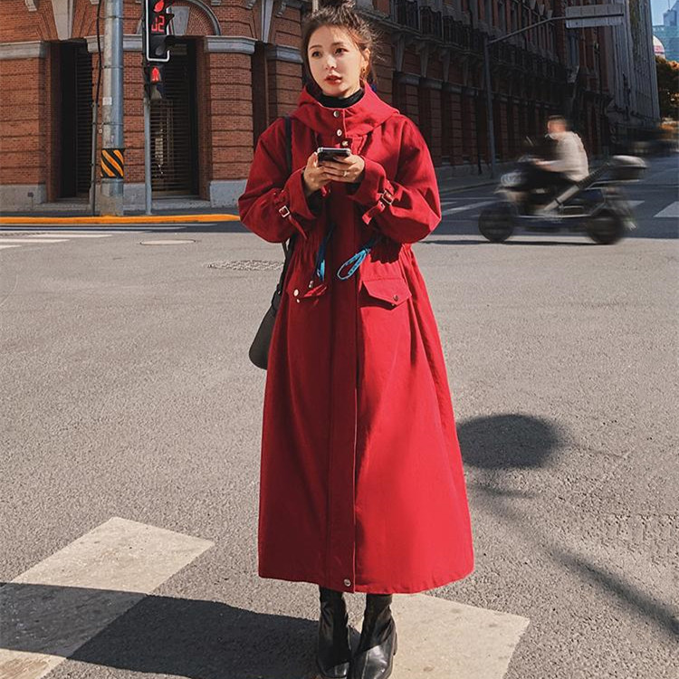 Winter Women's New British Style Hooded Red Cotton Long Coat Red - Shop at LoveMi