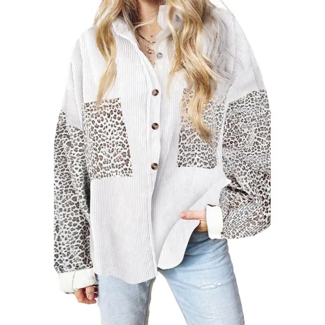 Leopard Print Women's Shirt Lapel Pit Strip Casual Jacket Beige - Shop at LoveMi