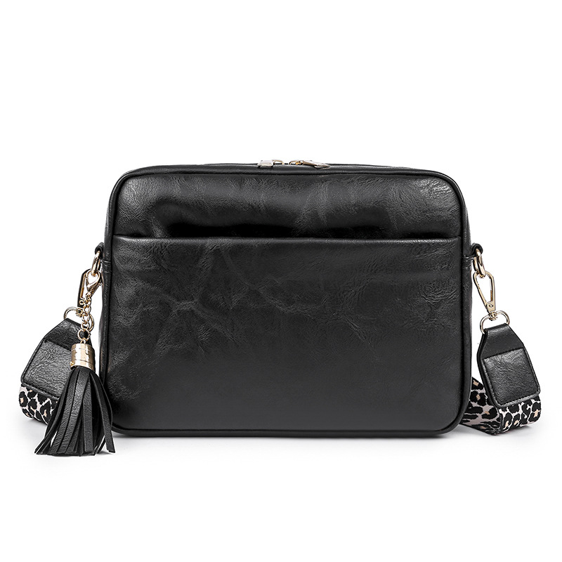Fashion Leopard Print Shoulder Strap Tassel Crossbody Bag Black - Shop at LoveMi