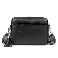 Fashion Leopard Print Shoulder Strap Tassel Crossbody Bag - Black - View 1
