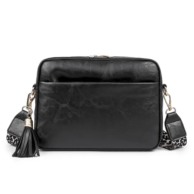 Fashion Leopard Print Shoulder Strap Tassel Crossbody Bag Black - Shop at LoveMi