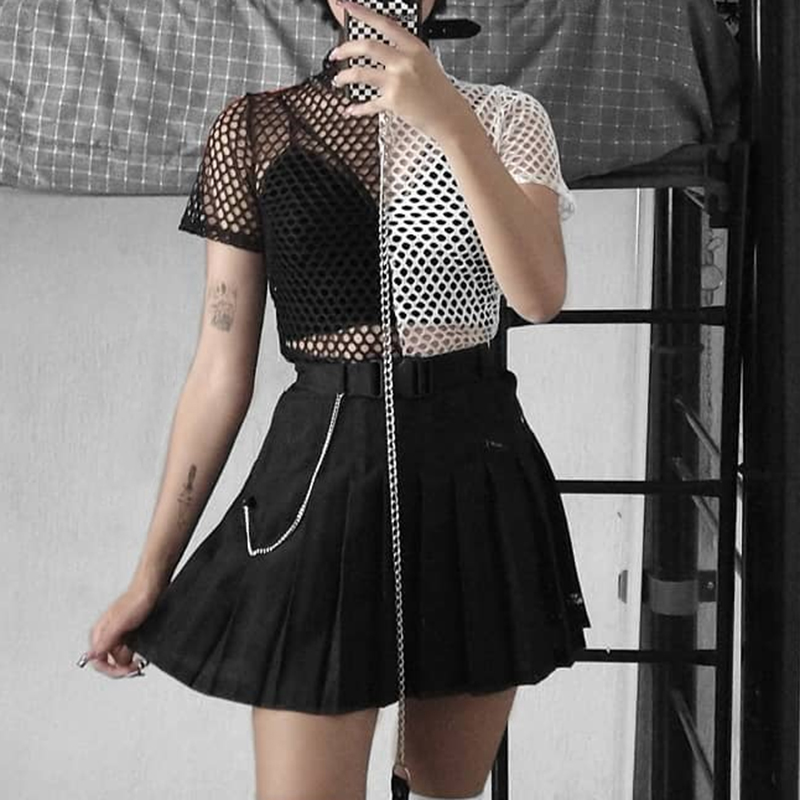 Title 2, Black And White Color Block Mesh Round Neck Top...