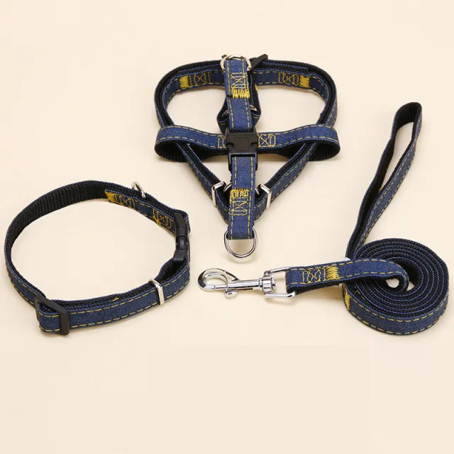 Denim Pet Leash Sewn Cloth Wear resistant Chest Strap Black 3Piece Set - Shop at LoveMi