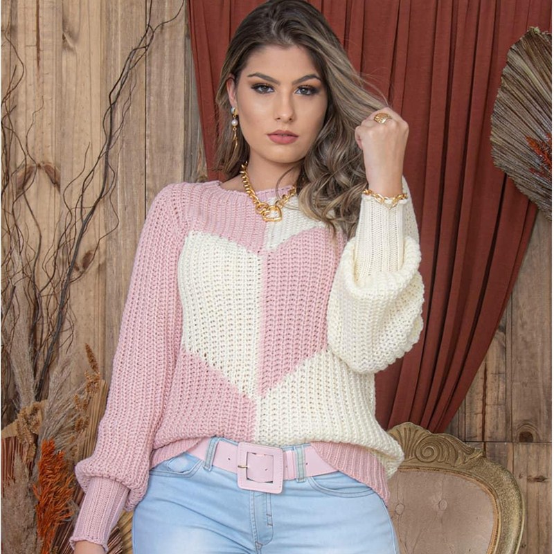 Ladies Elegant Flare Sleeve Love Contrast Color Knitted Sweater - Image 2