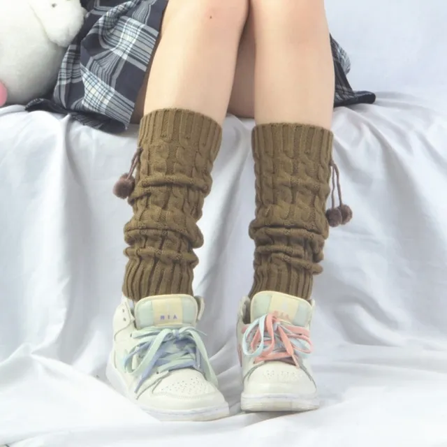 Women's Korean Style Knee Pad Fur Ball Knitted Socks Coffee - Shop at LoveMi