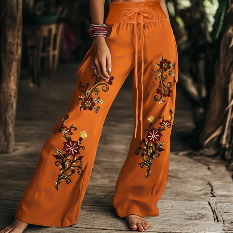 2026 European American Boho Wide Leg Pants Women Elastic Drawstring High Waist Casual Trousers With Pockets product image