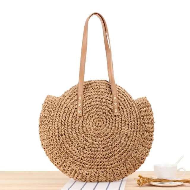 Simple Round One shoulder Straw Bag Woven Bag Beach Bag Fashion Female Bag Straw Bag Brown - Shop at LoveMi