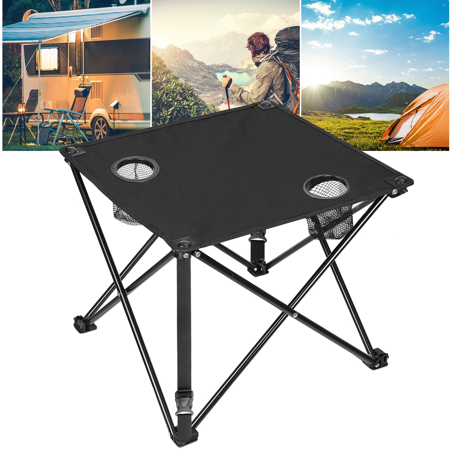 1Pc 2Pc Options Foldable Camping Table Portable Picnic Table Lightweight Travel Desk With 2 Cup Holders Carrying Bag Color Options Black Orange Green Red Blue Navy Blue image 7