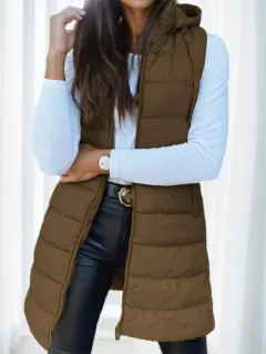 Women'S Elegant Hooded Puffer Vest - Brown - View 1