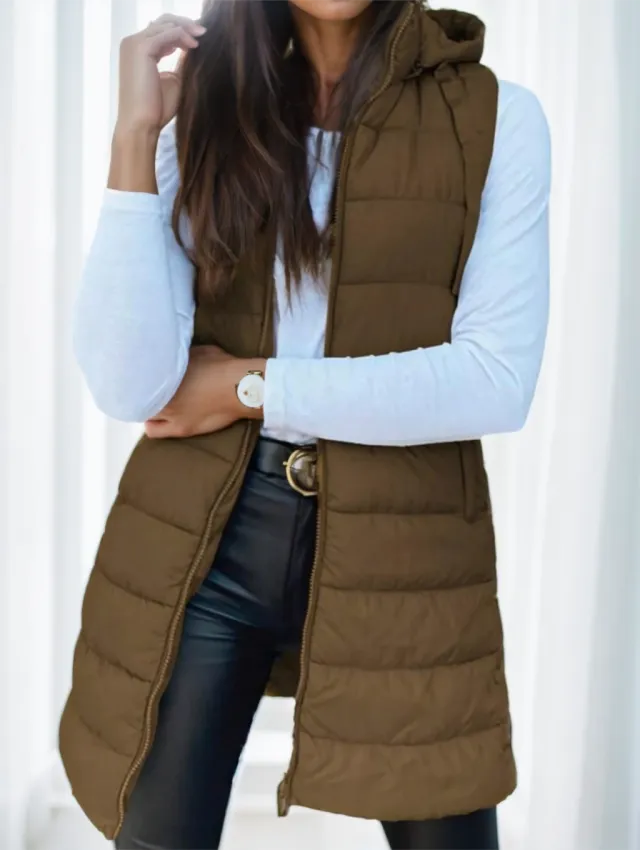 Women'S Elegant Hooded Puffer Vest Brown - Shop at LoveMi