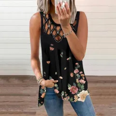 Women's Hollowed Out Hot Drilled Sleeveless Vest Print Tshirt - Flowers-Xl - View 1
