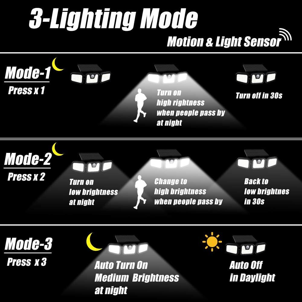 3 Head 74 LED Solar Security Light PIR Motion Sensor Outdoor Garden Flood Lamp
