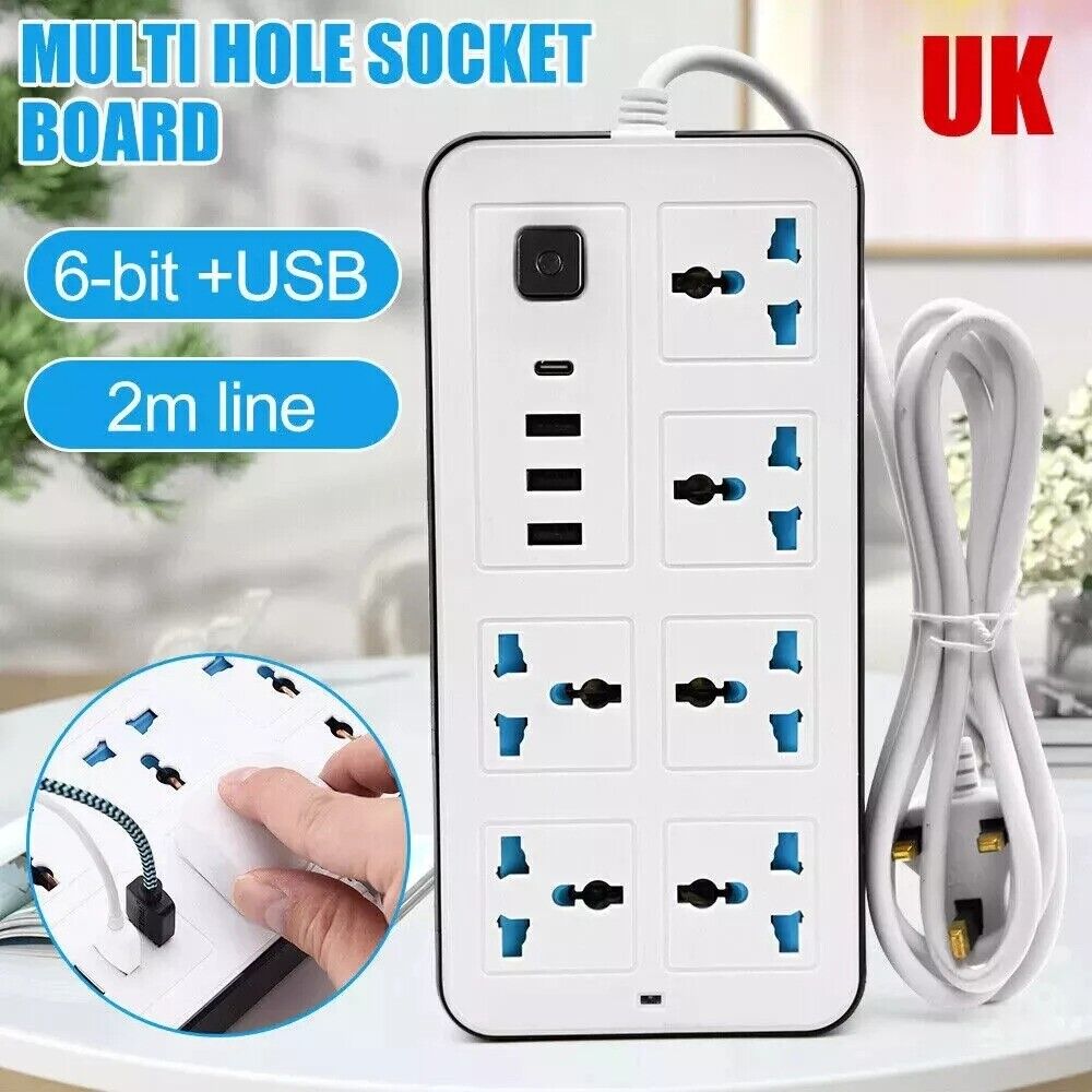Extension Lead Cable Electric Mains Power 6 Gang 3 USB 1 Type-C Port Plug Socket