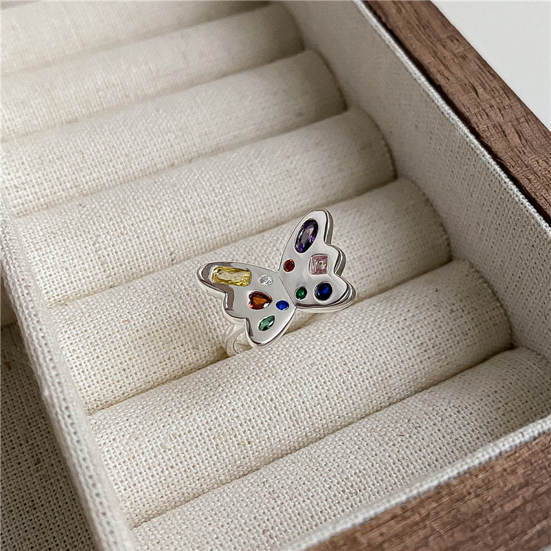 S925 Sterling Silver Fashion Rainbow Zircon Butterfly Ring