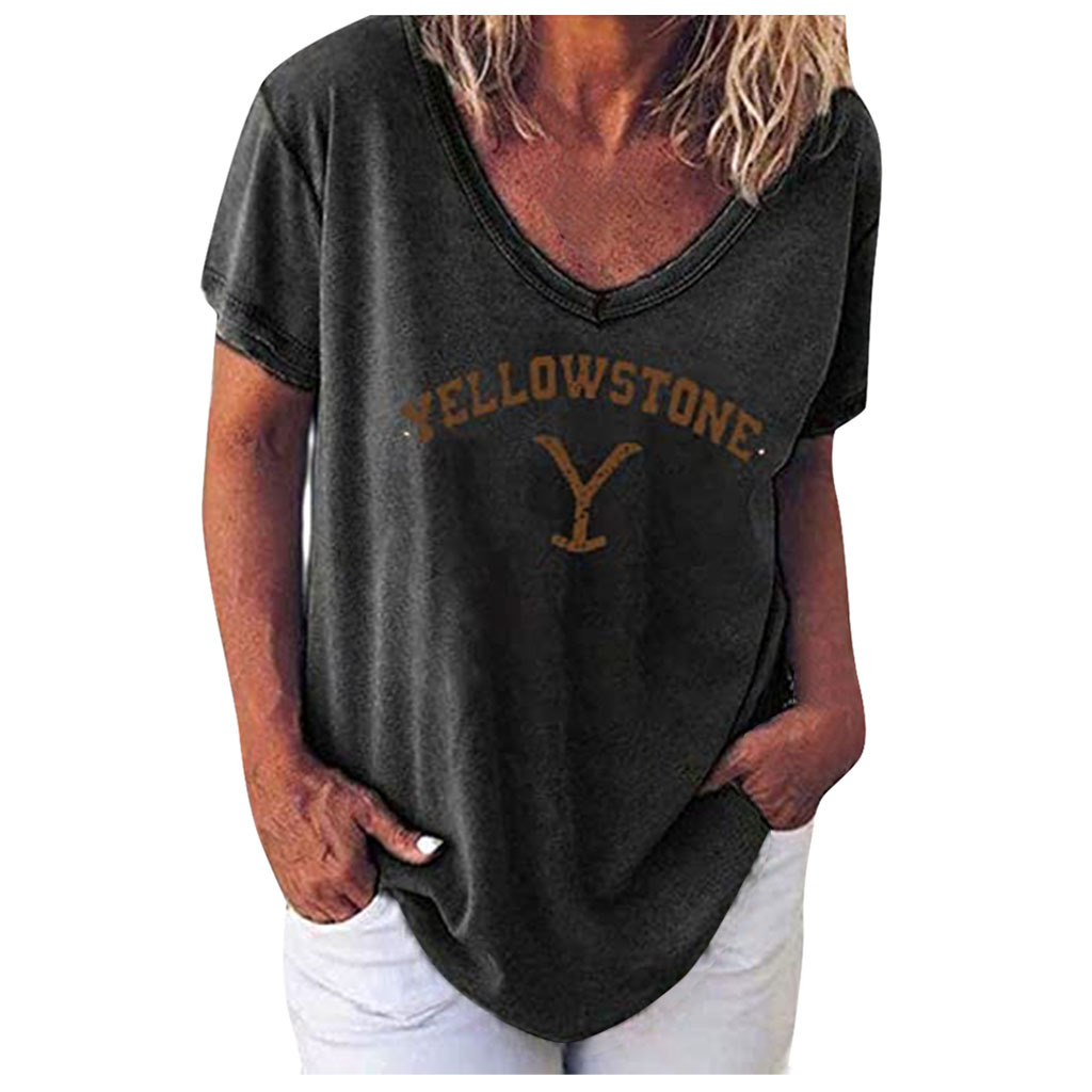 Large Size V-neck Short-sleeved Solid Color Letter Printed T-shirt Women