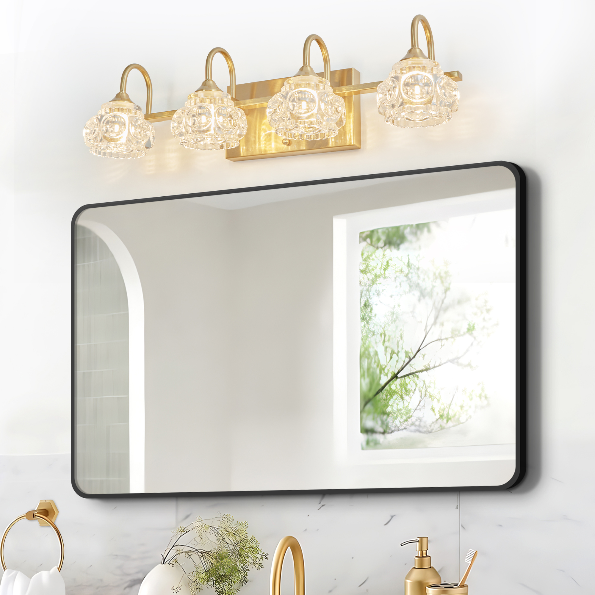 23  Modern Crystal Bathroom Vanity Light, 4-Light Golden Wall Sconce With Clear Glass Shade, Elegant Wall Mount Lighting For Bathroom, Powder Room, Or Vanity Mirror  No Bulbs