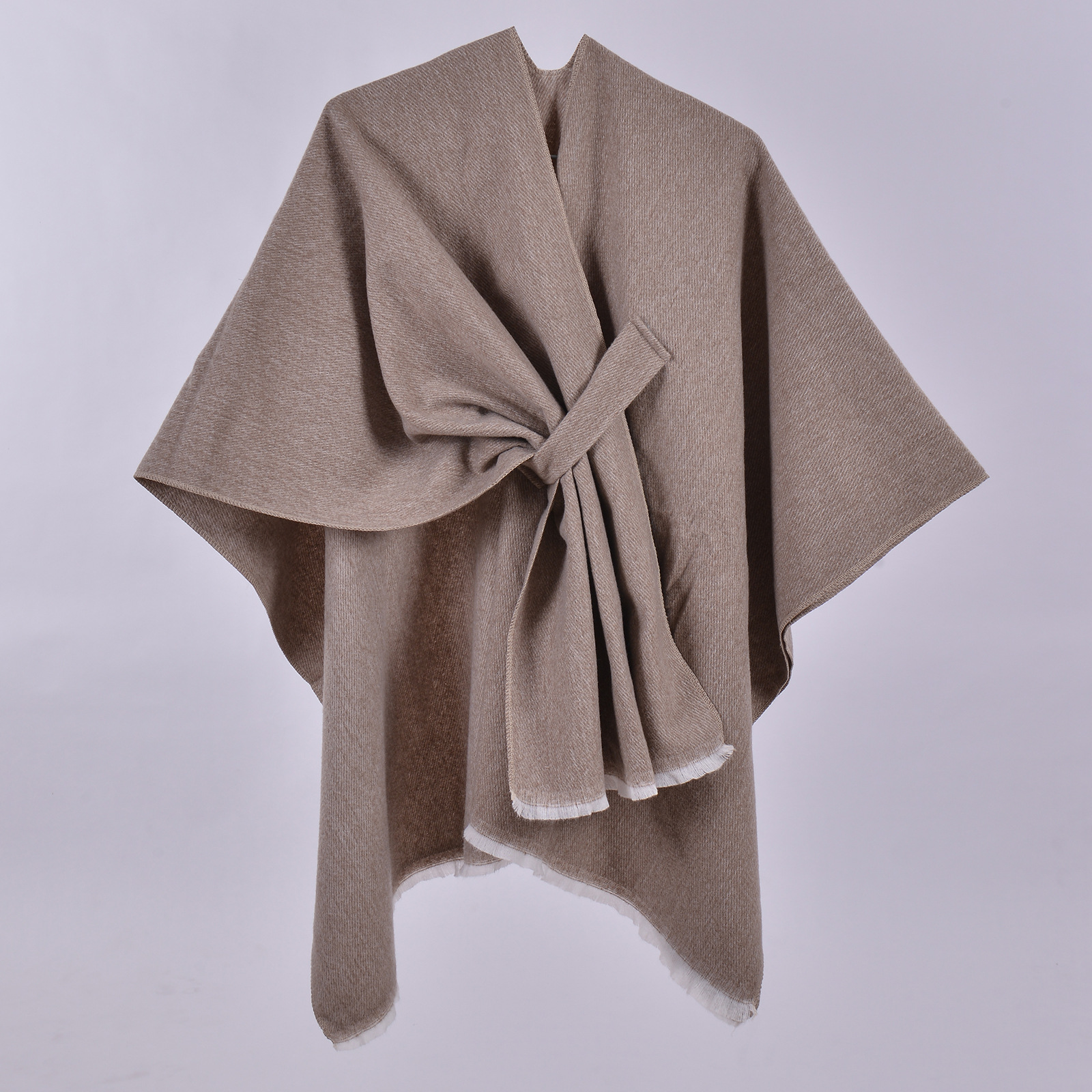 Women's Solid Color Autumn Winter Design Sense Trim Split Faux Cashmere Shawl, Single Color Plain Poncho Shawl