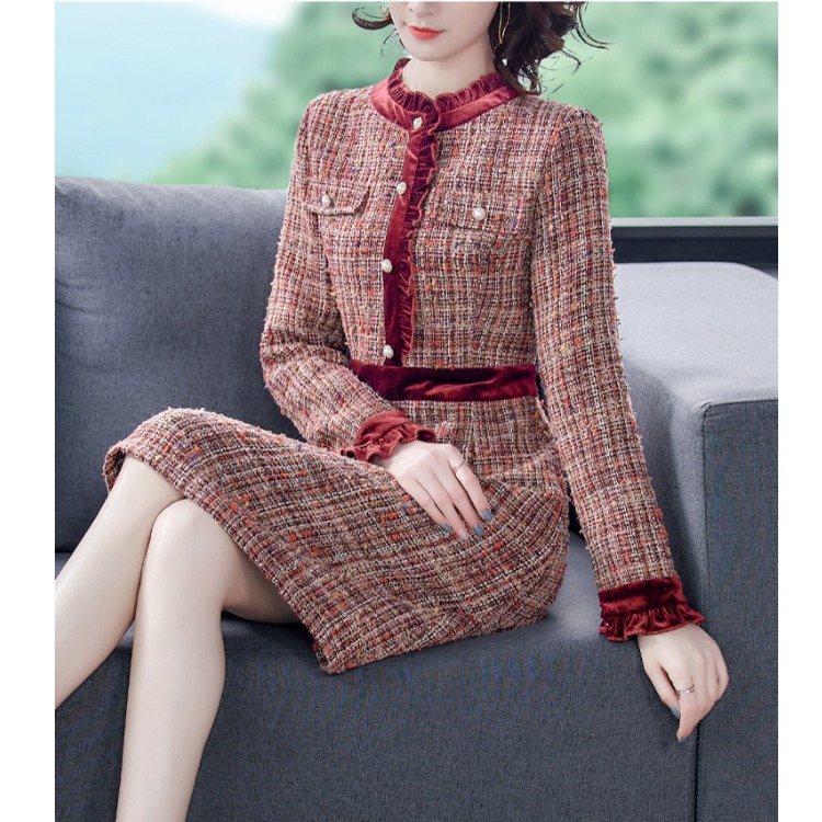 Red Long-sleeved Small Fragrance Dress Women's Mid-length