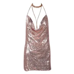 V Short Dress With Deep Backless Sequins - Gold - View 1
