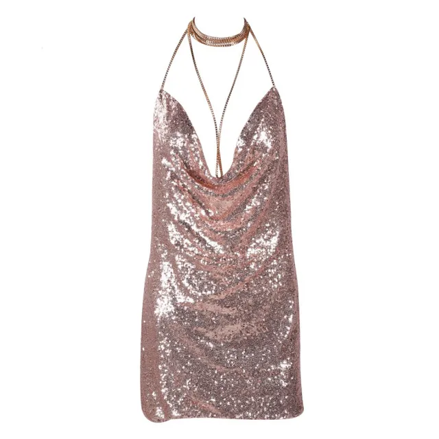V Short Dress With Deep Backless Sequins Gold - Shop at LoveMi