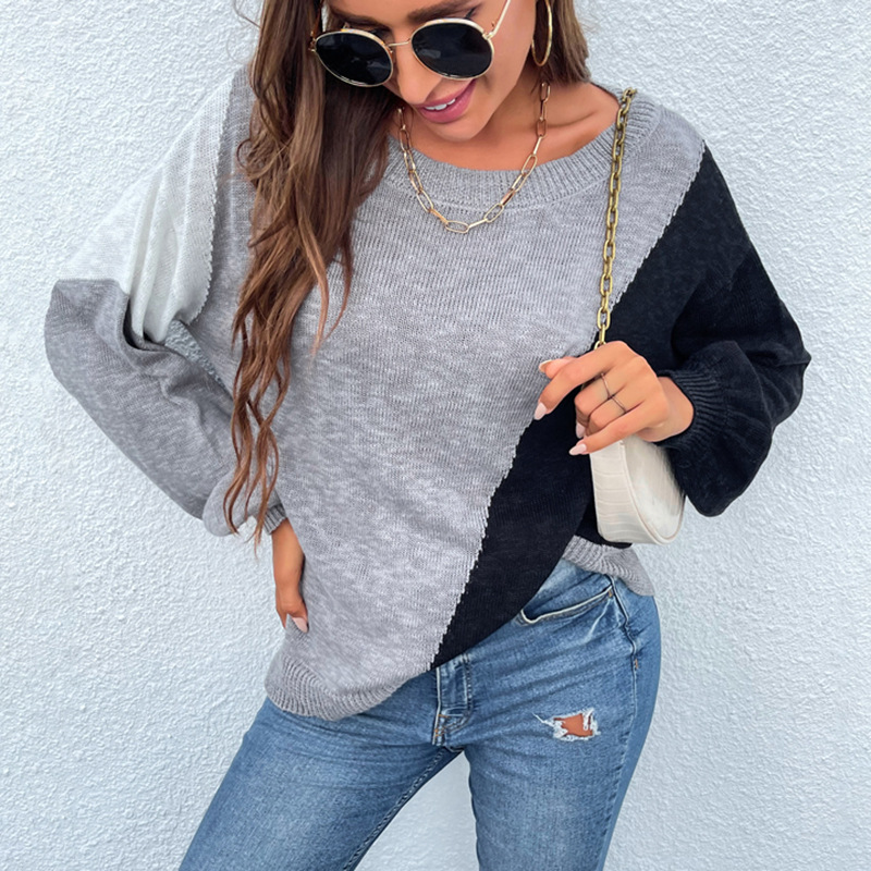 Irregular Color Matching Off-shoulder Sweater Women