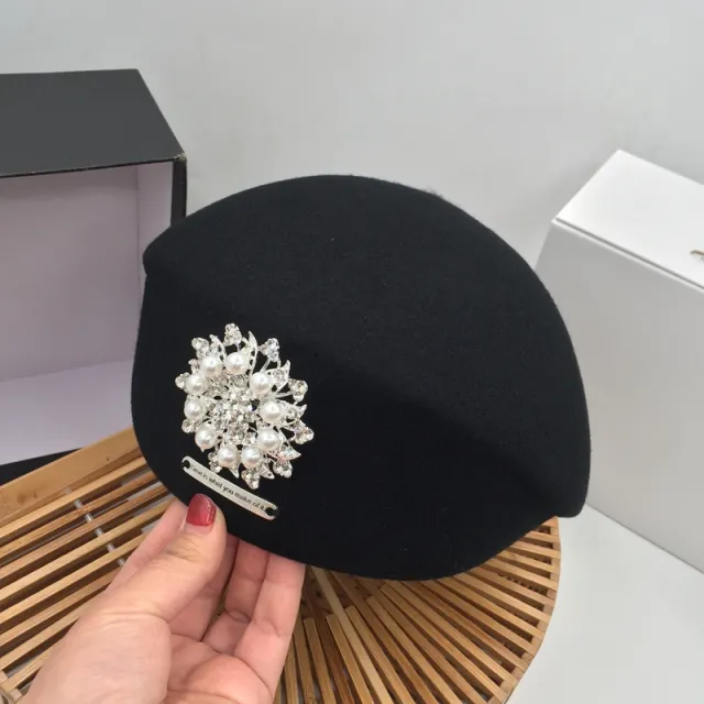 Celebrity Elegant Bright Diamond Woolen Black Beret Black Pearl - Shop at LoveMi