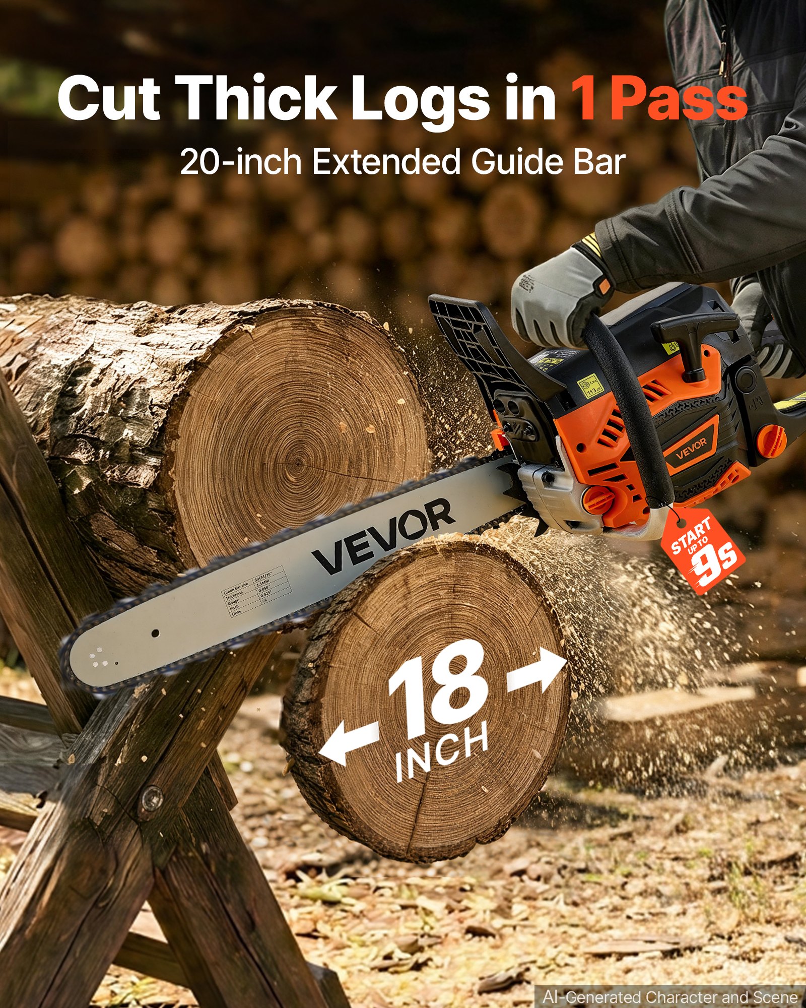 Gas Powered Chainsaw 20 Inch 58CC 3.22HP 2 Stroke Engine Gas Chainsaw, For Wood Cutting, Tree Trimming & Land Clearing, Throttle-Synced Choke, Power Chain Saw With Non-Slip Handle & Dual Tanks image 3