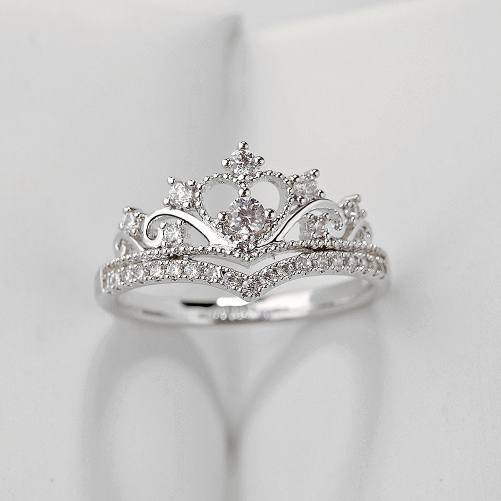 Imitation Silver Double-layer Diamond Design Micro-set Crown Girl Ring