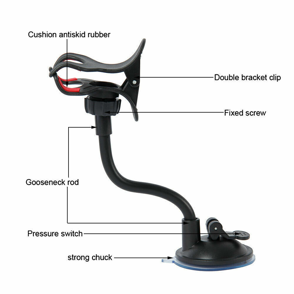 Adjustable car phone holder with 360° rotation and strong suction for windshield. Fits devices up to 3.54 inches wide. Durable arm with 360° rotation. No glue suction cup design. Made for car windshields only.