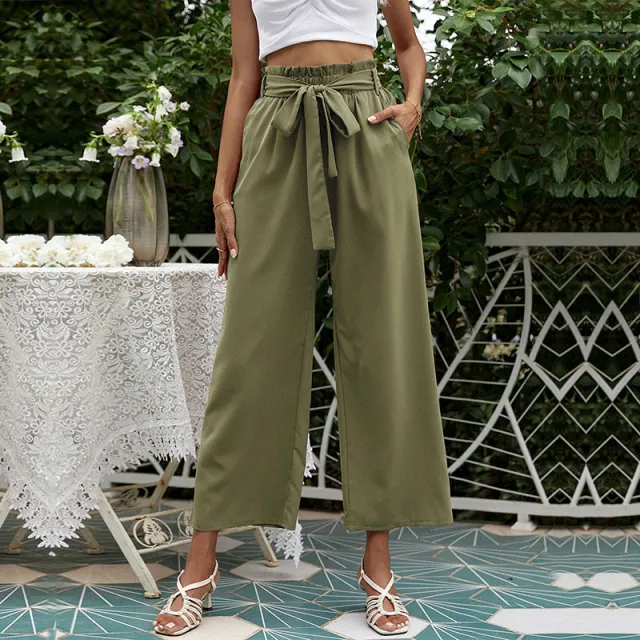 New Women's High Waist Fashion Casual Wide Leg Pants Army Green - Shop at LoveMi