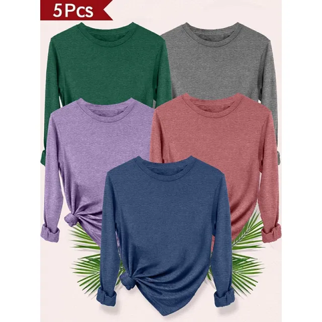 Womens 5 Packs Long Sleeve Crew Neck Shirts Fall Tops Clothes Outfits Basic Tee Green Gray Purple Rose Blue - Shop at LoveMi