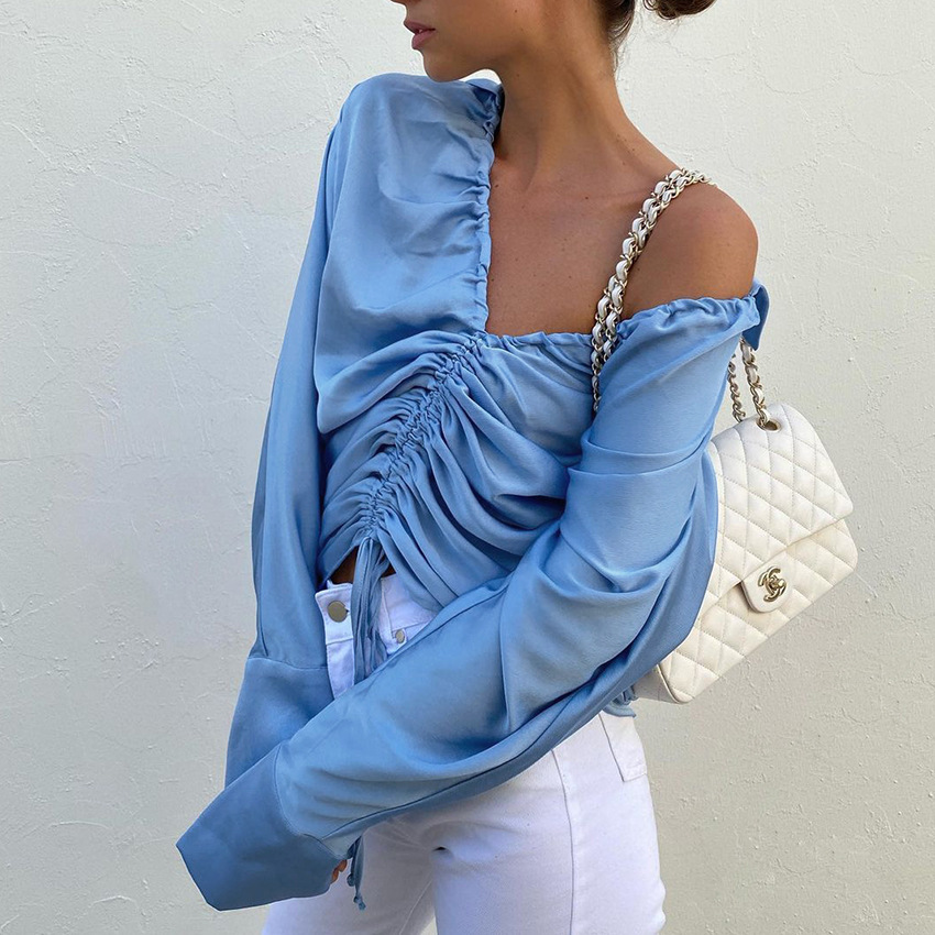 Fashion Ladies Satin Blue V-neck Long Sleeve Shirt