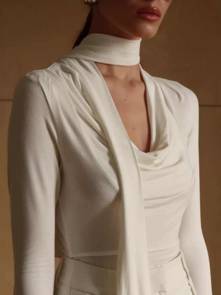 Ribbon V-neck Scarf Long-sleeved Base Shirt - Image 21