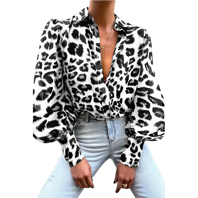 European And American Women's Leopard Print Fashion Casual Shirt Lapel Single Breasted