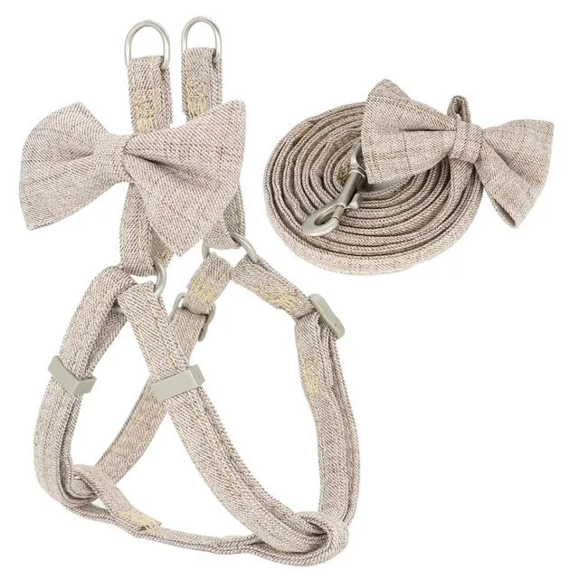 Dog Harness Leash Collar Set Adjustable Soft Cute Bow Khaki - Shop at LoveMi