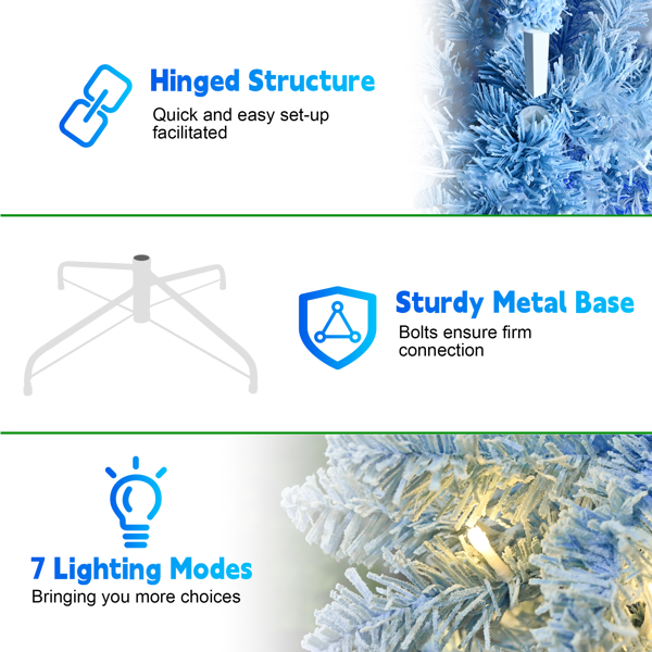 6FT Blue Gradient Flocked Pencil Christmas Tree with 200 Warm White LED Lights, 485 Tips, Hinged Branches, Slim Design, Metal Stand â€“ Narrow Prelit Tree for Holiday Home Decor-12