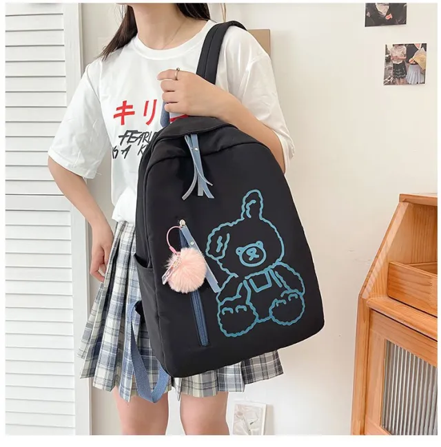 Cute And Cute Print Bear Soft Girl Student School Bag Personality Girl Backpack Black - Shop at LoveMi