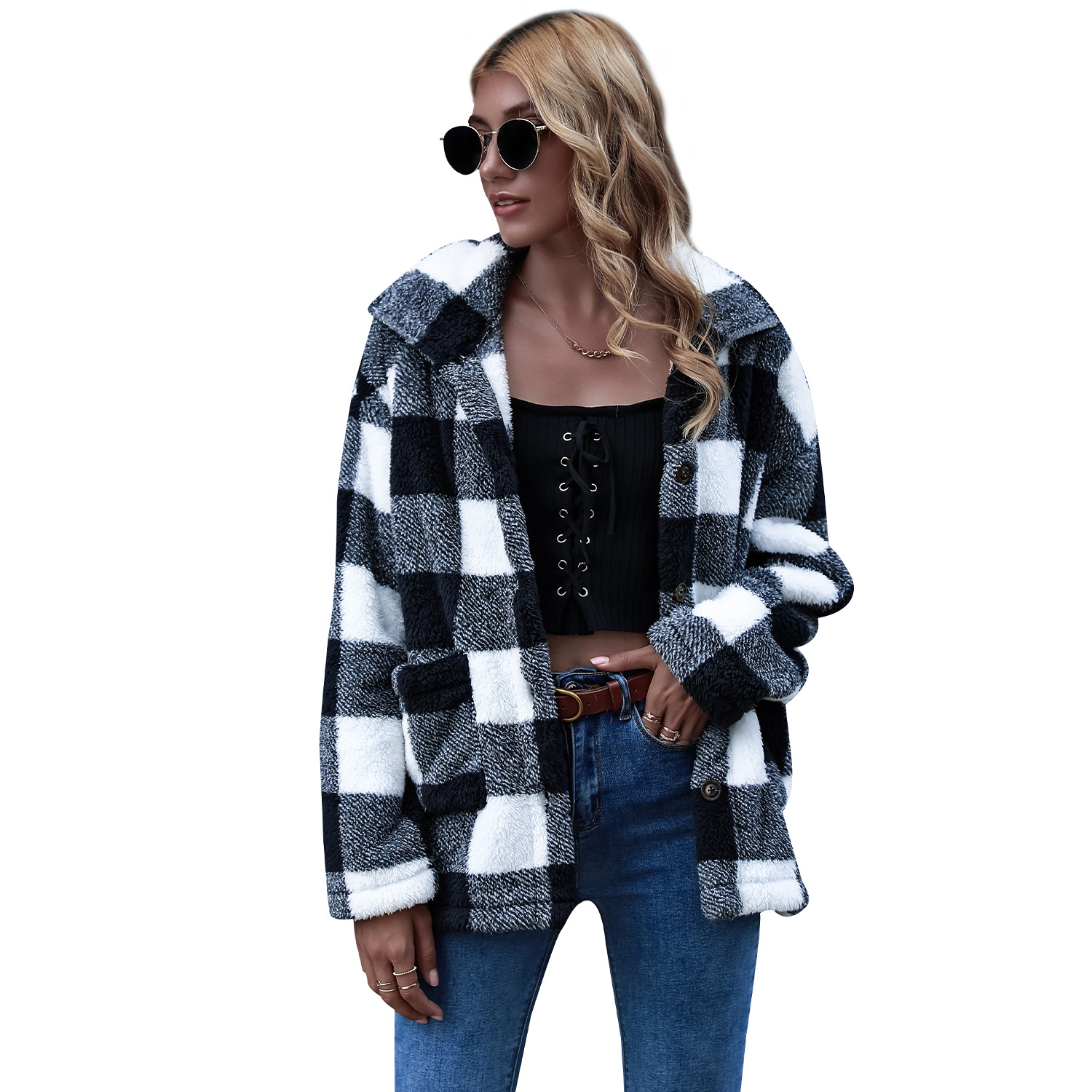 Woolen Cardigan Plaid Shawl Long Sleeve Thick