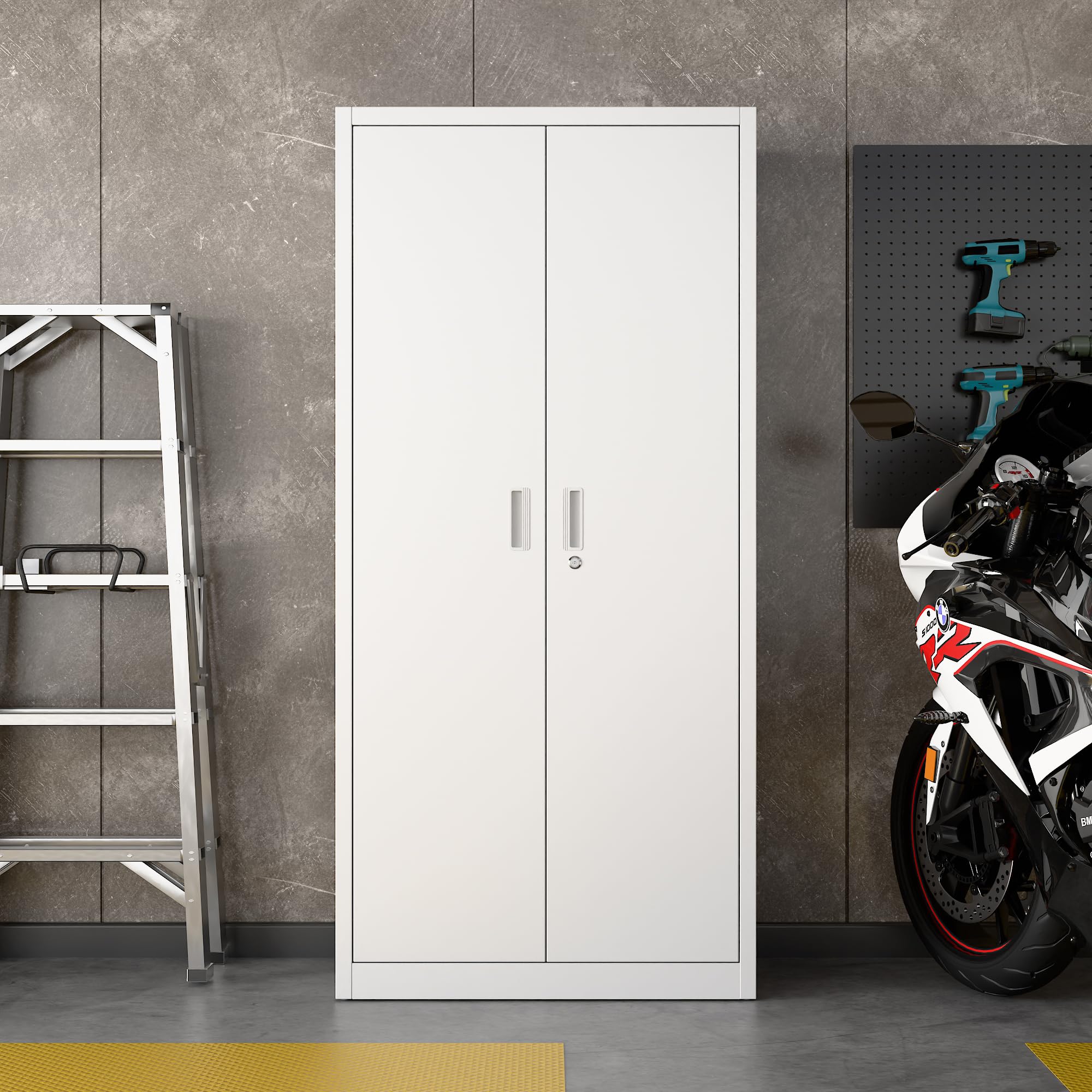 Lockable Metal Storage Cabinet With 5 Adjustable Shelves And Pegboard, 71inch H White Garage Storage Cabinet With Doors, Metal File Cabinet For Garage,Home, Office, White, Assembly Required