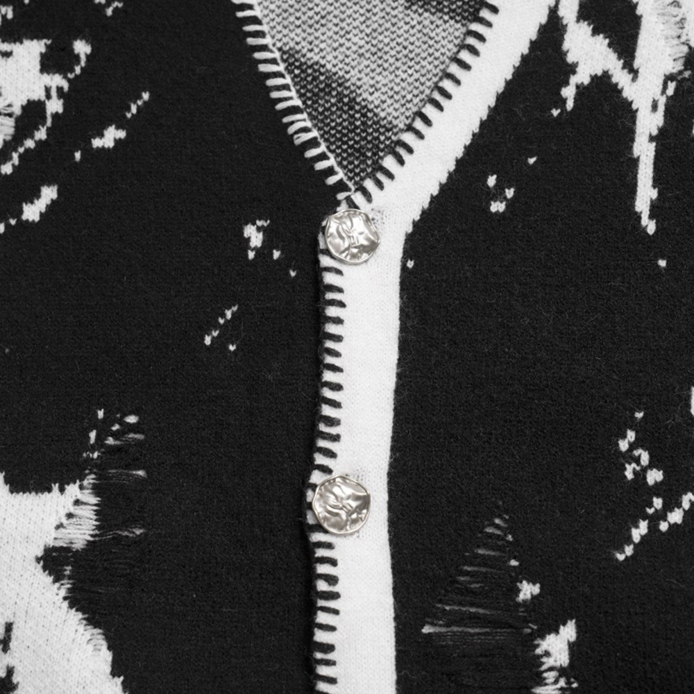 Color Contrast Stitching Jacquard V-neck Knitted Cardigan Men's Loose Long-sleeved Sweater Coat