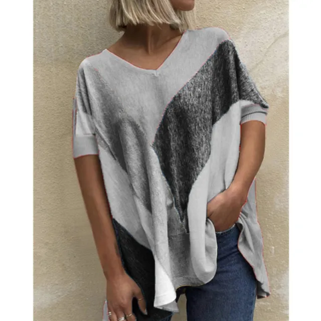 Women's V Neck Colorblock Print T Shirt Loose Casual Top Grey - Shop at LoveMi