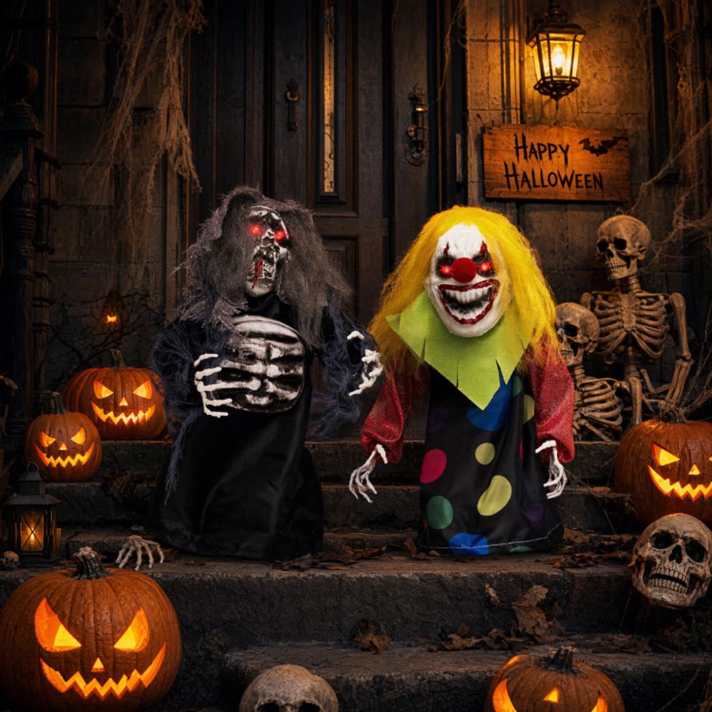2 Pcs Halloween Animatronics Clown And Reaper Tabletop Decorations