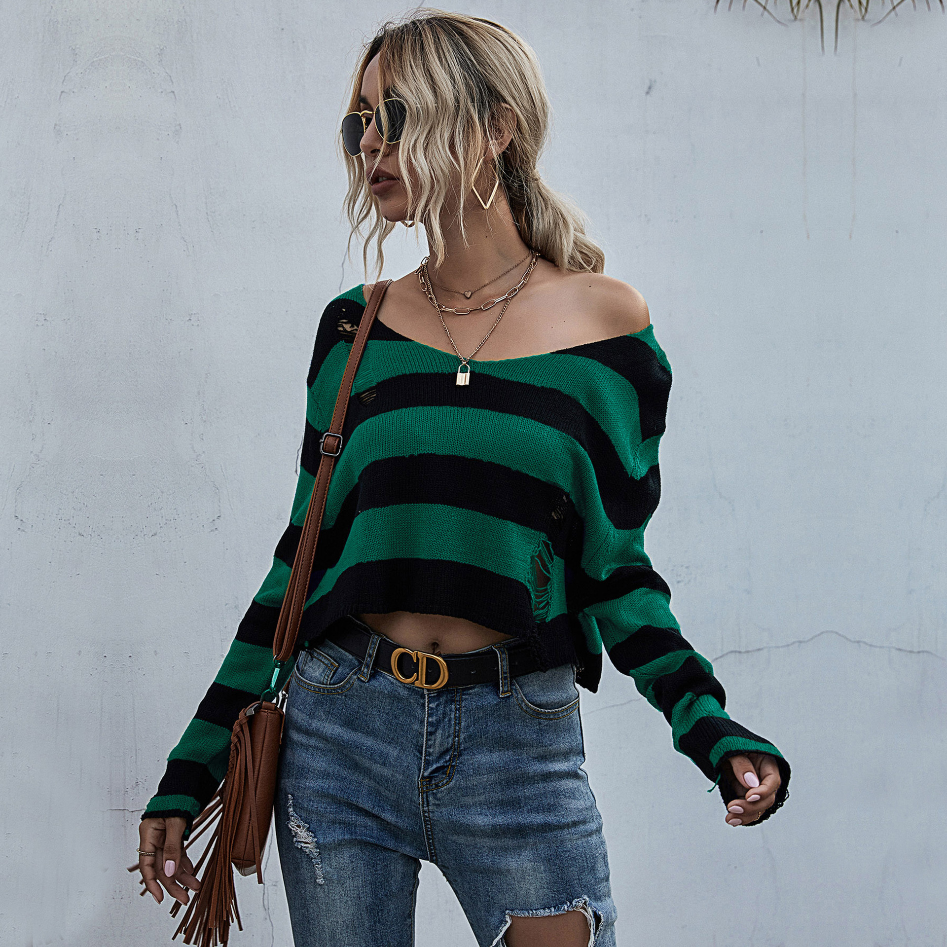 Title 7, New Big V-neck Striped Sweater Ripped Knit Swea...